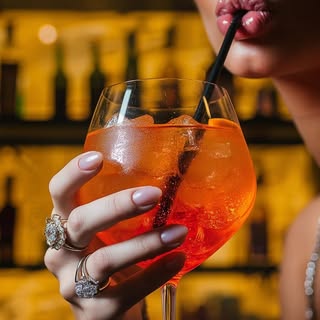A hand sipping an Aperol Spritz at the SALTY bar with warm ambient lighting behind.