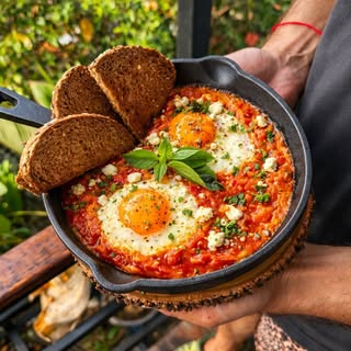 A shakshuka in a cast-iron pan with bread, plated for breakfast.