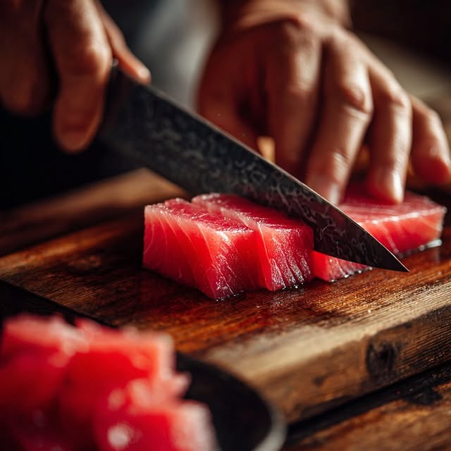 A chef slicing a block of fresh tuna on a wooden board.